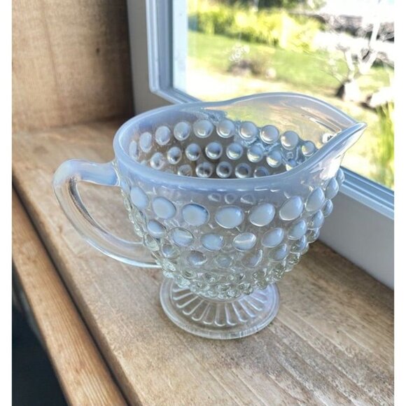 Fenton Moonstone Opalescent Creamer Mini Pitcher Hobnail Glass Vintage - Picture 7 of 7